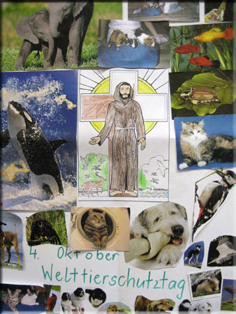 Plakat der Klasse 1b: "Franziskus - Freund der Tiere"